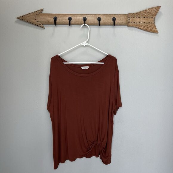 French Pastry | Brown Rayon Blend Short Sleeve Twist Tie Front Size 3X - Picture 1 of 5